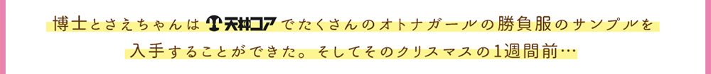 博士とさえちゃんは天神コアでたくさんのオトナガールの勝負服のサンプルを入手することができた。そしてそのクリスマスの1週間前…